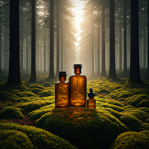 Misty Oregon forest at dawn, sunlight through evergreens over moss and ferns.