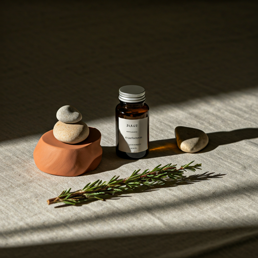 A small amber jar, fresh sage, and a river stone arranged on linen.
