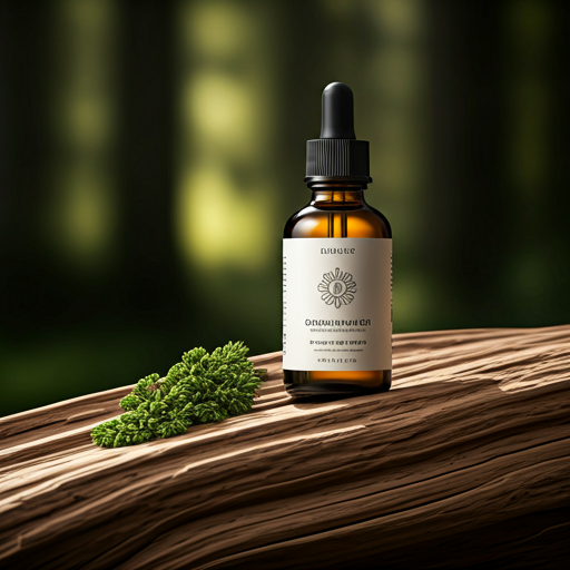 Golden essential oil dropper bottle resting on driftwood.
