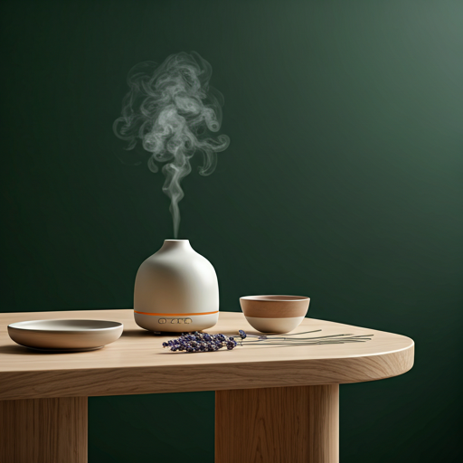A ceramic diffuser releasing a soft plume of vapor beside dried lavender.