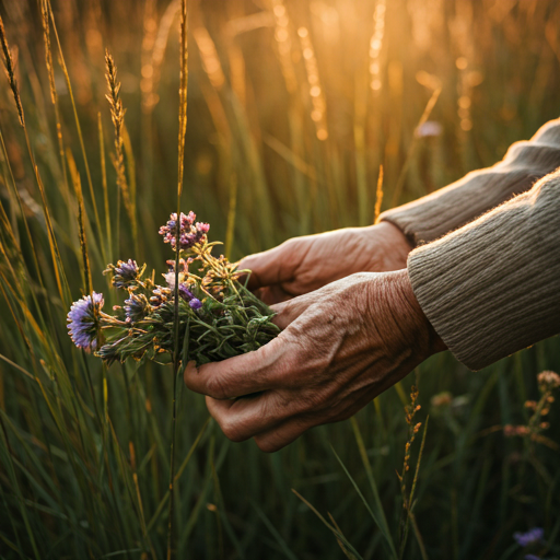 Weathered hands gathering fresh herbs in a sun-dappled Oregon meadow.